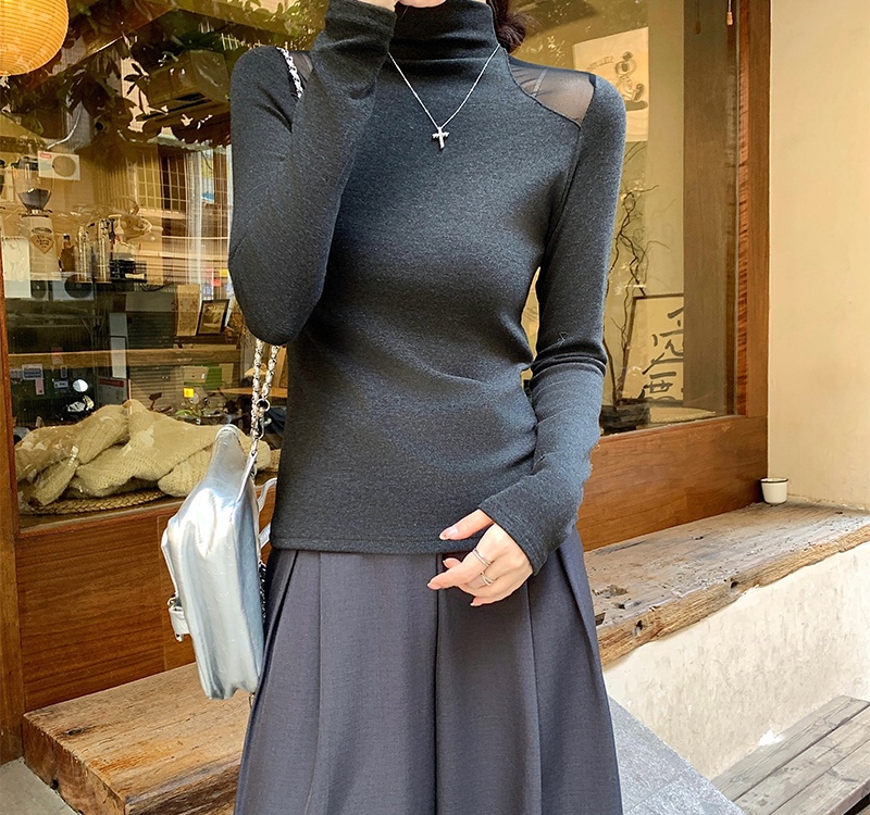 Long sleeve splice gauze T-shirt white sueding tops for women