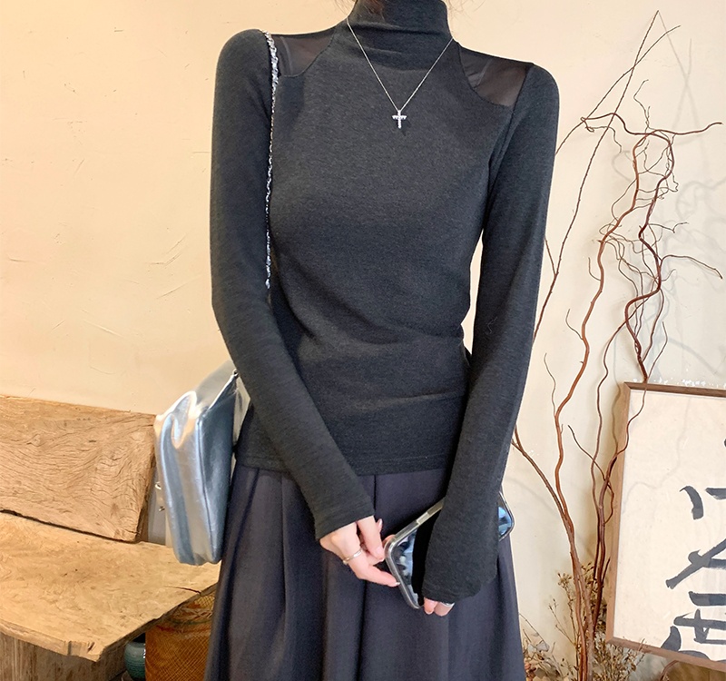 Long sleeve splice gauze T-shirt white sueding tops for women