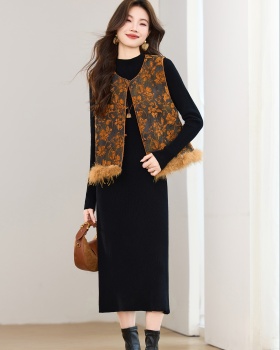 Round neck dress elmo waistcoat 2pcs set for women