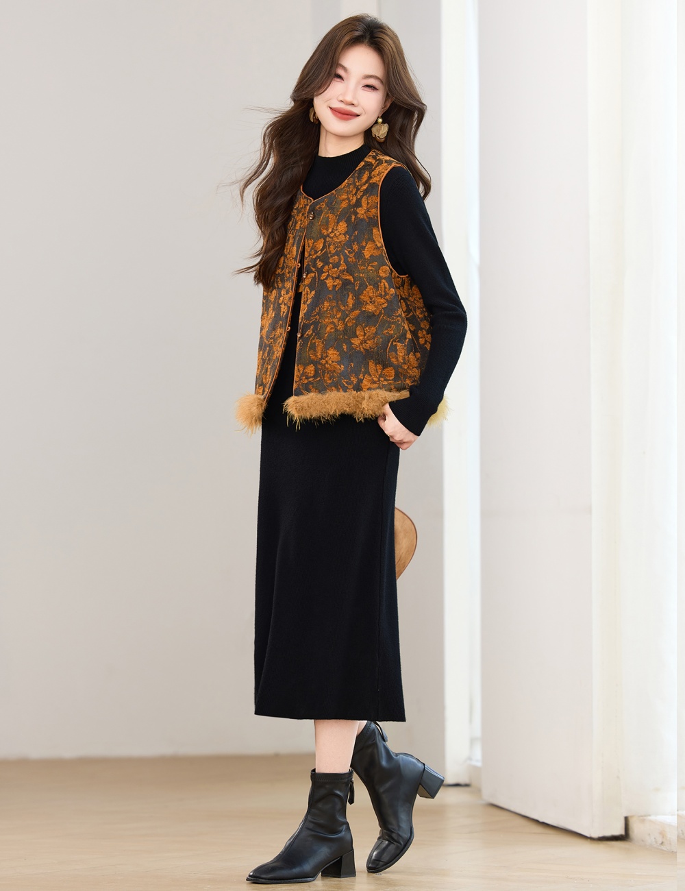 Round neck dress elmo waistcoat 2pcs set for women