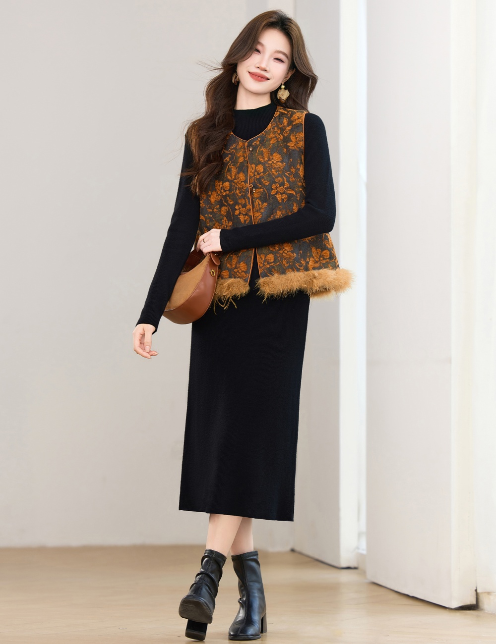 Round neck dress elmo waistcoat 2pcs set for women