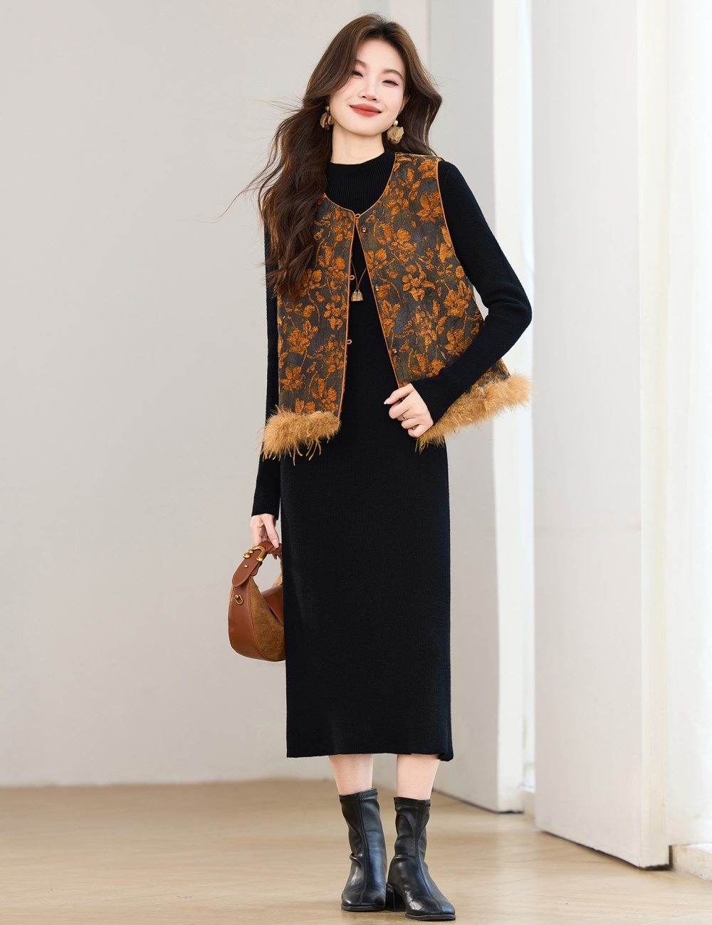 Round neck dress elmo waistcoat 2pcs set for women