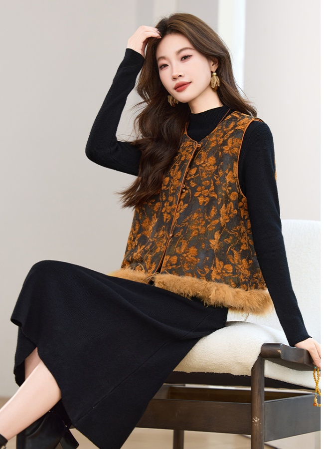 Round neck dress elmo waistcoat 2pcs set for women