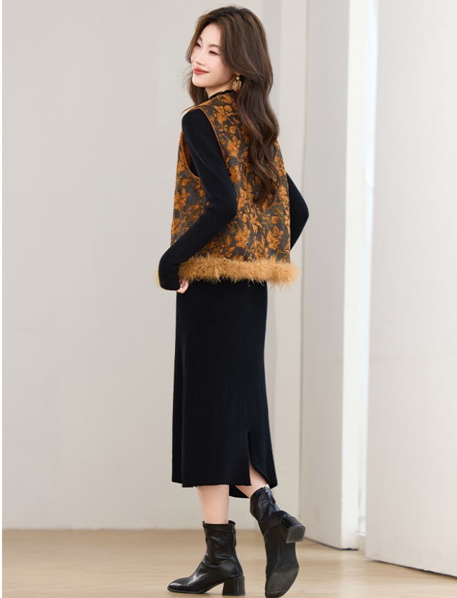 Round neck dress elmo waistcoat 2pcs set for women