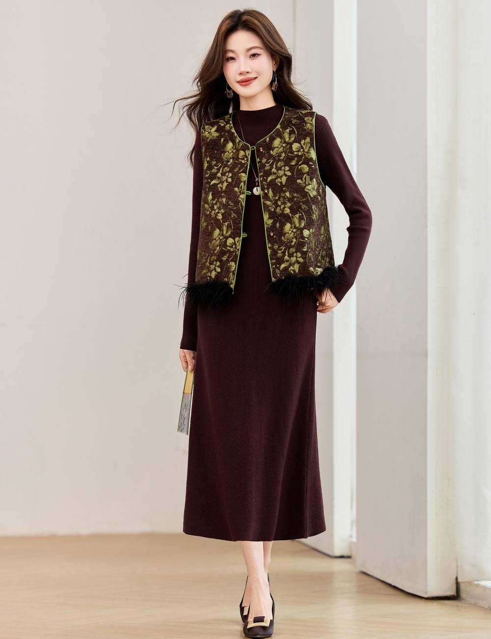 Round neck dress elmo waistcoat 2pcs set for women