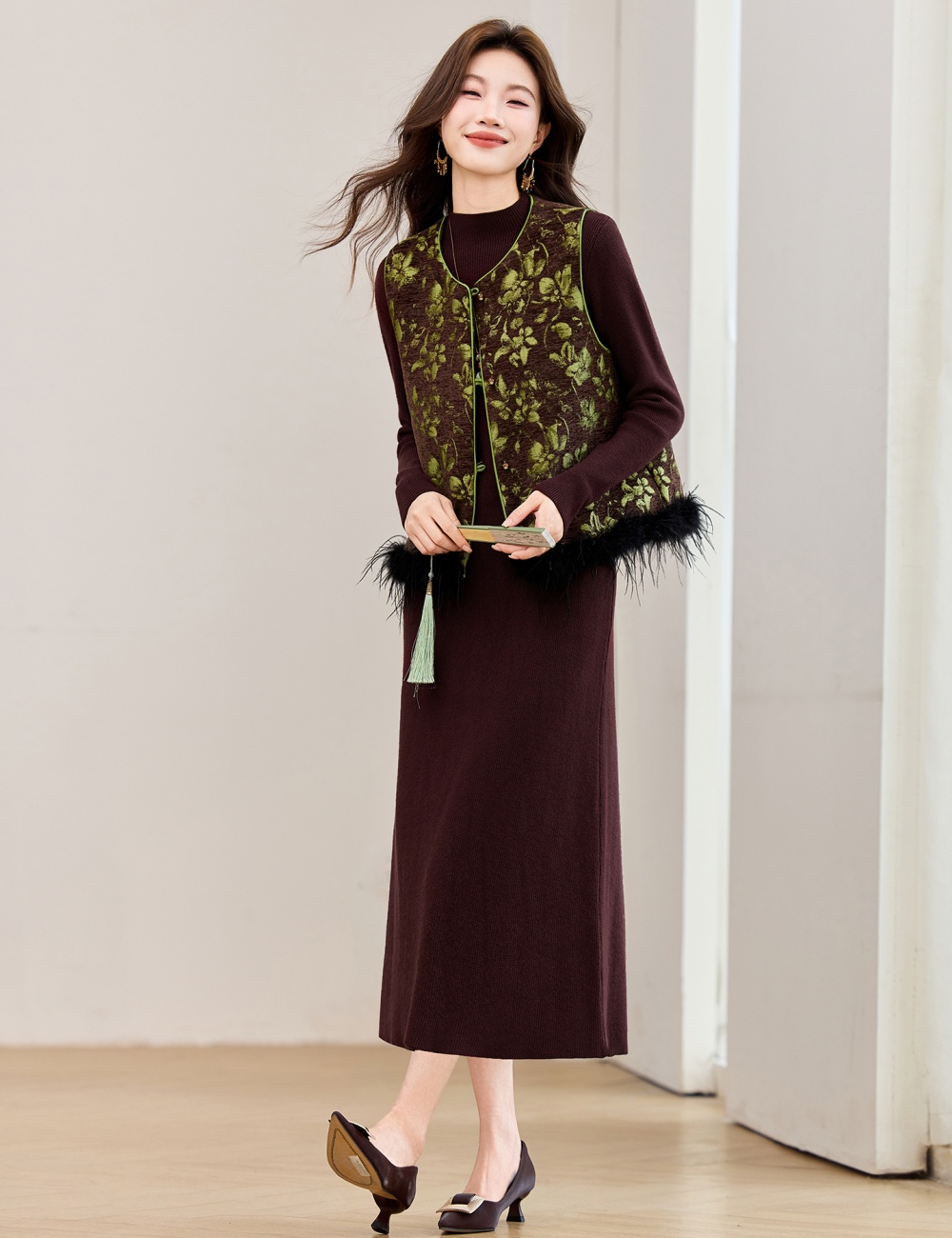 Round neck dress elmo waistcoat 2pcs set for women