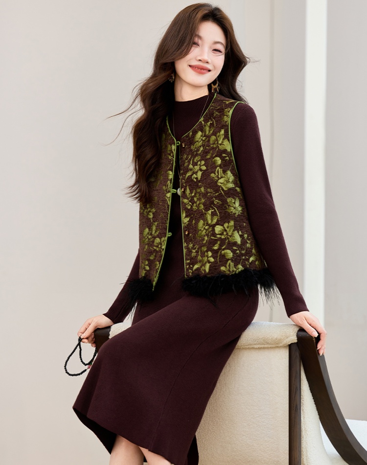 Round neck dress elmo waistcoat 2pcs set for women