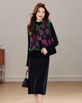 Plus cotton dress waistcoat 2pcs set for women