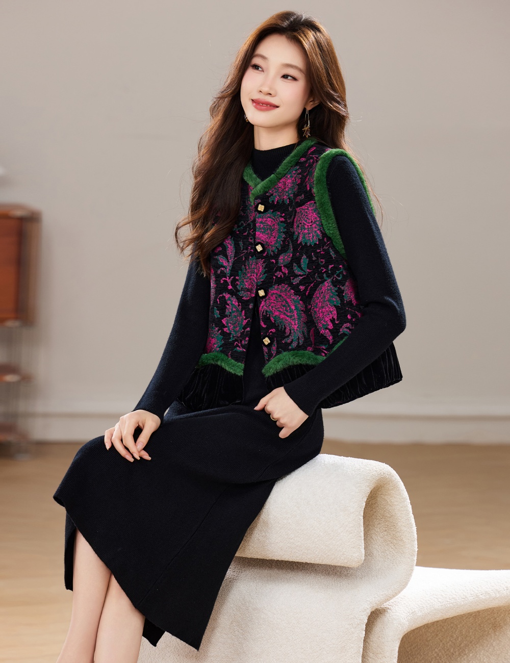 Plus cotton dress waistcoat 2pcs set for women