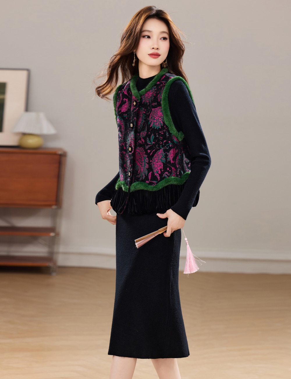 Plus cotton dress waistcoat 2pcs set for women