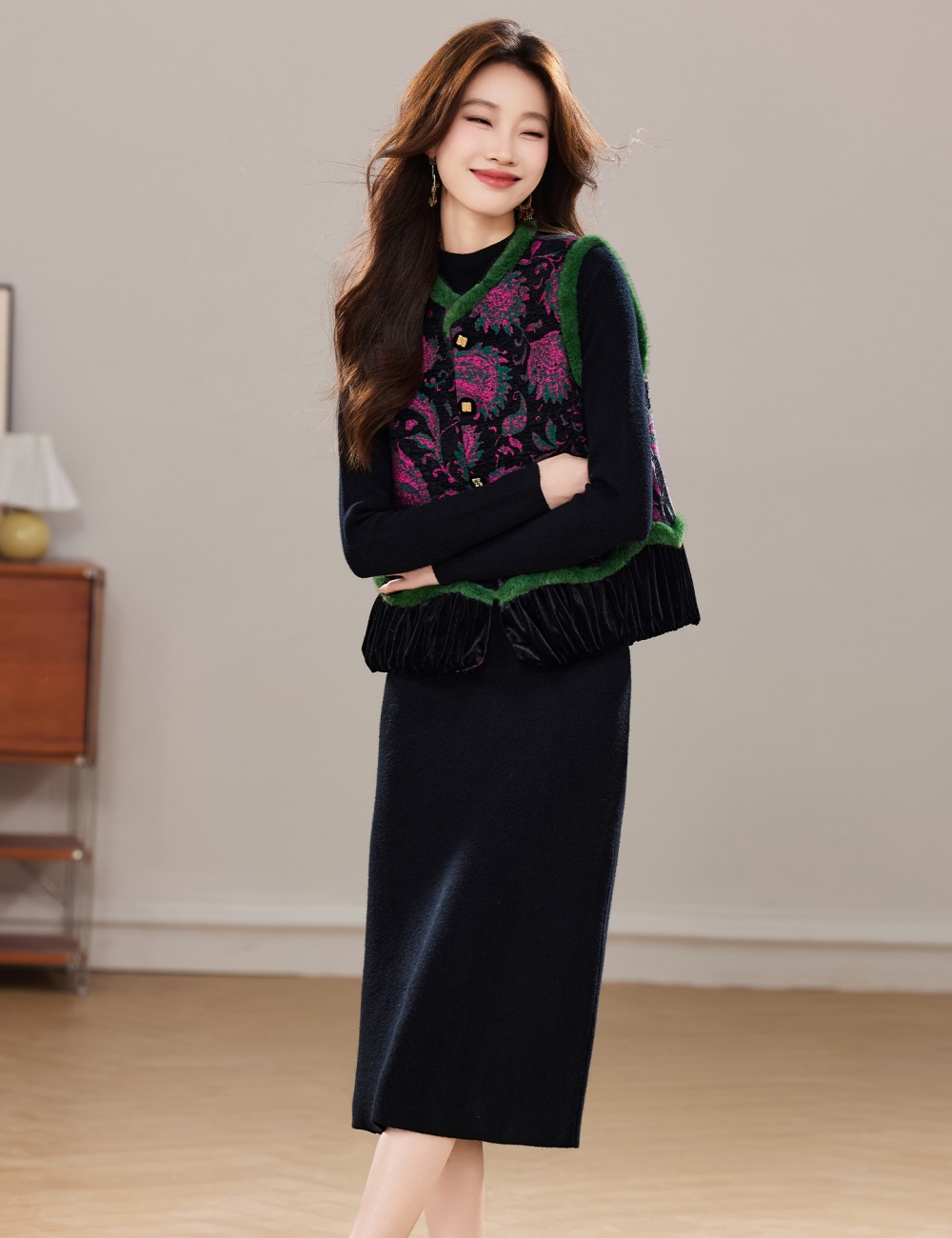 Plus cotton dress waistcoat 2pcs set for women