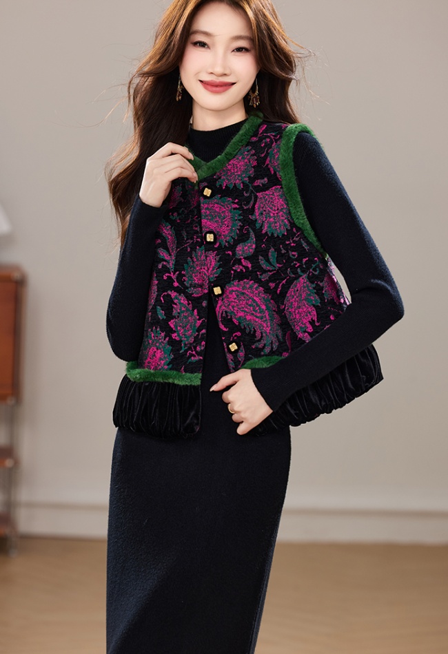 Plus cotton dress waistcoat 2pcs set for women