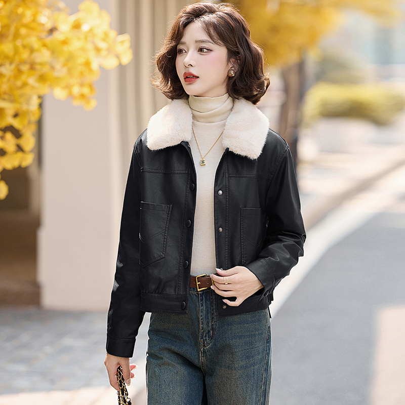 Fashion fur collar coat all-match winter leather coat