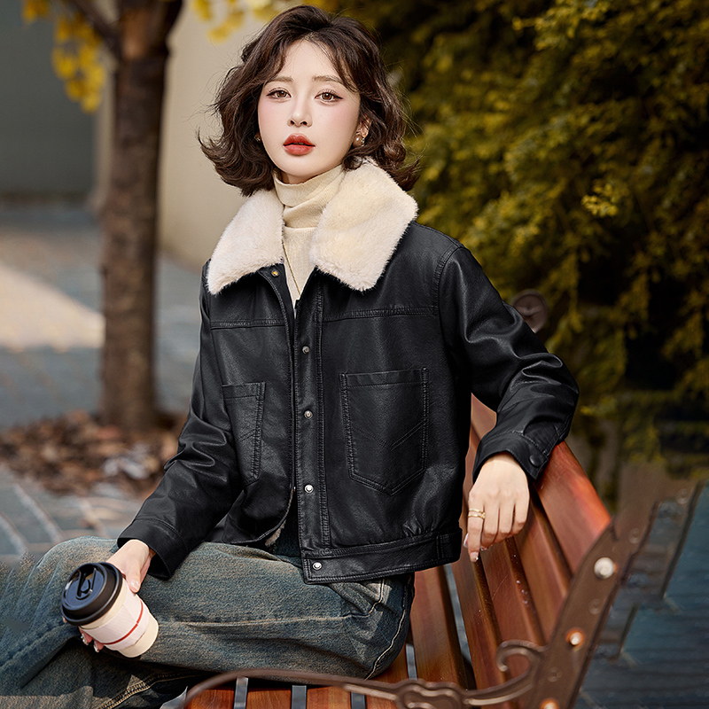 Fashion fur collar coat all-match winter leather coat
