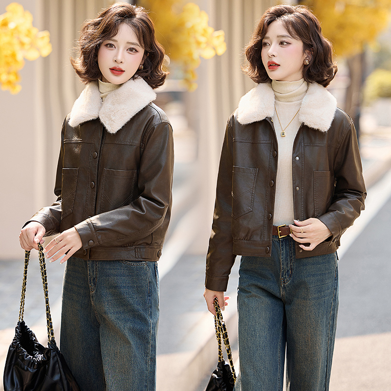 Fashion fur collar coat all-match winter leather coat