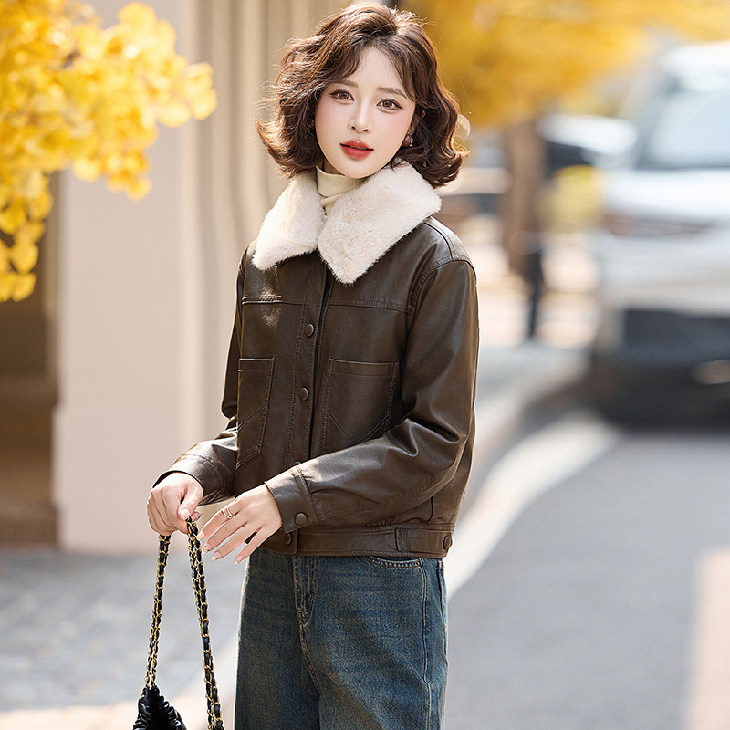Fashion fur collar coat all-match winter leather coat