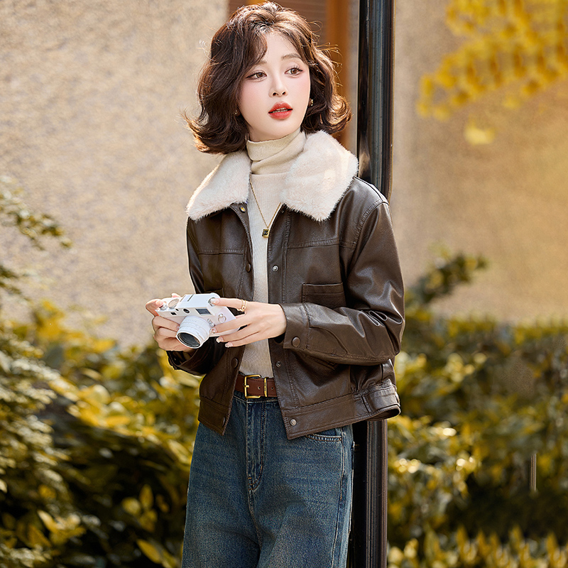 Fashion fur collar coat all-match winter leather coat