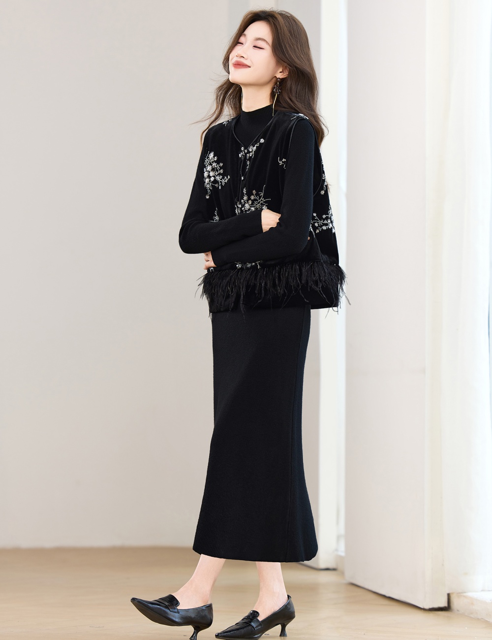 Chinese style dress plus cotton waistcoat 2pcs set for women