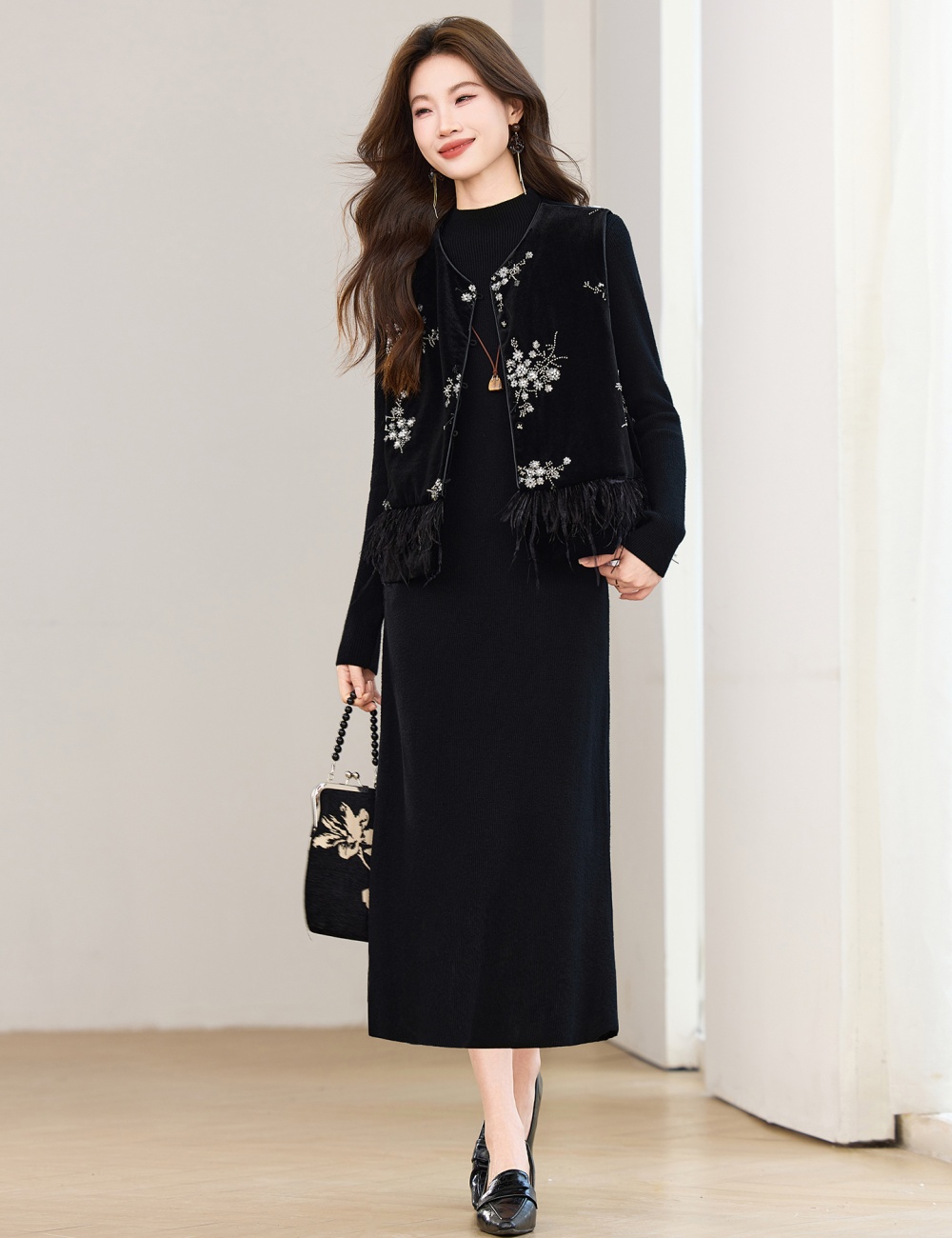 Chinese style dress plus cotton waistcoat 2pcs set for women