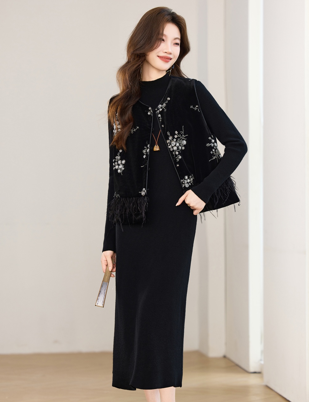 Chinese style dress plus cotton waistcoat 2pcs set for women