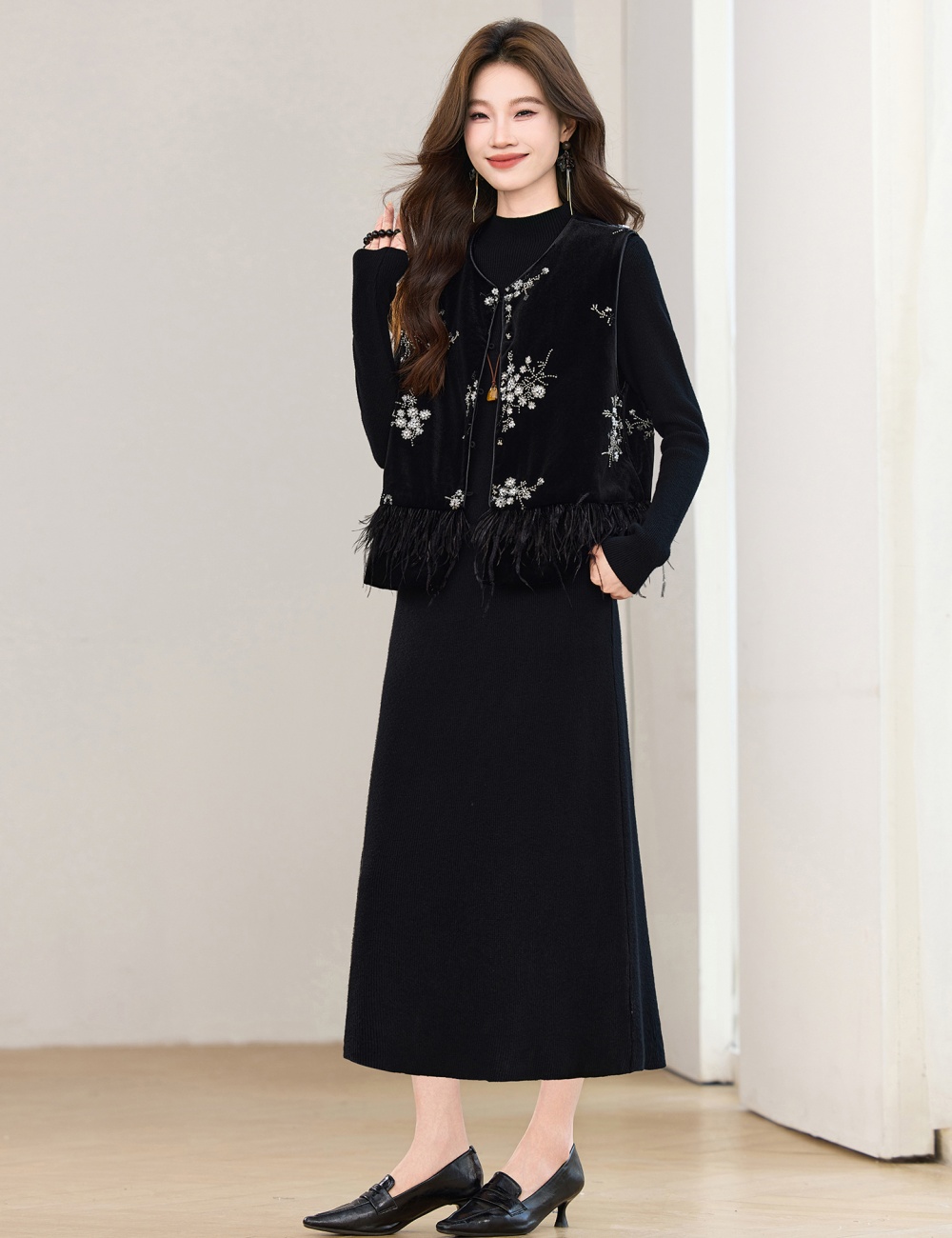 Chinese style dress plus cotton waistcoat 2pcs set for women