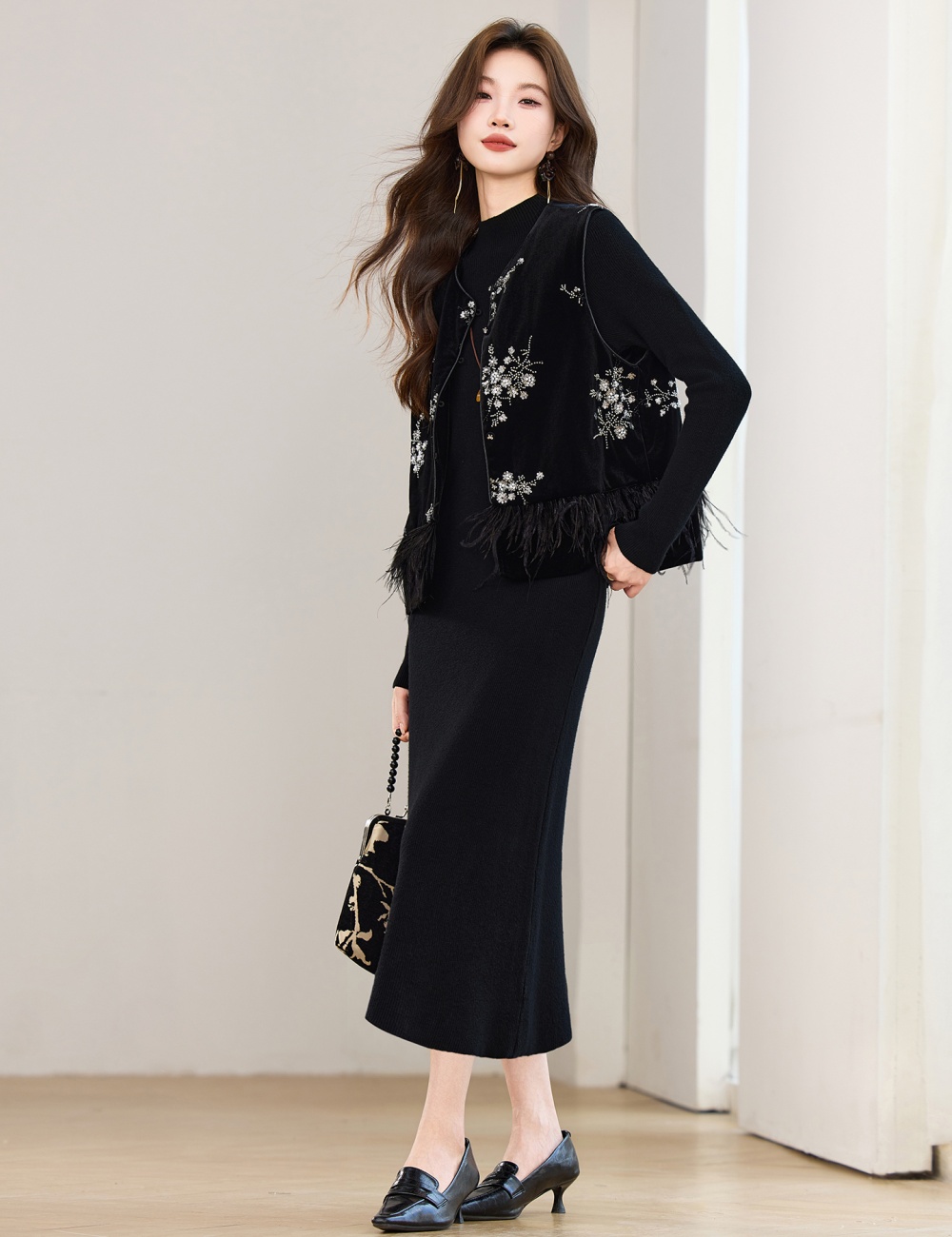 Chinese style dress plus cotton waistcoat 2pcs set for women