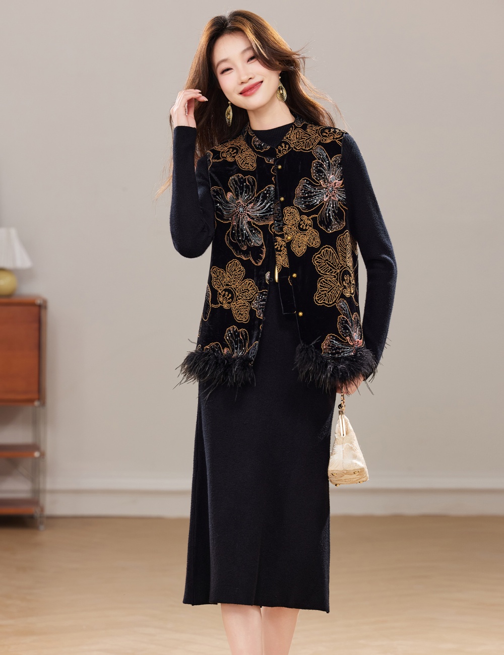 Plus cotton waistcoat winter dress 2pcs set for women