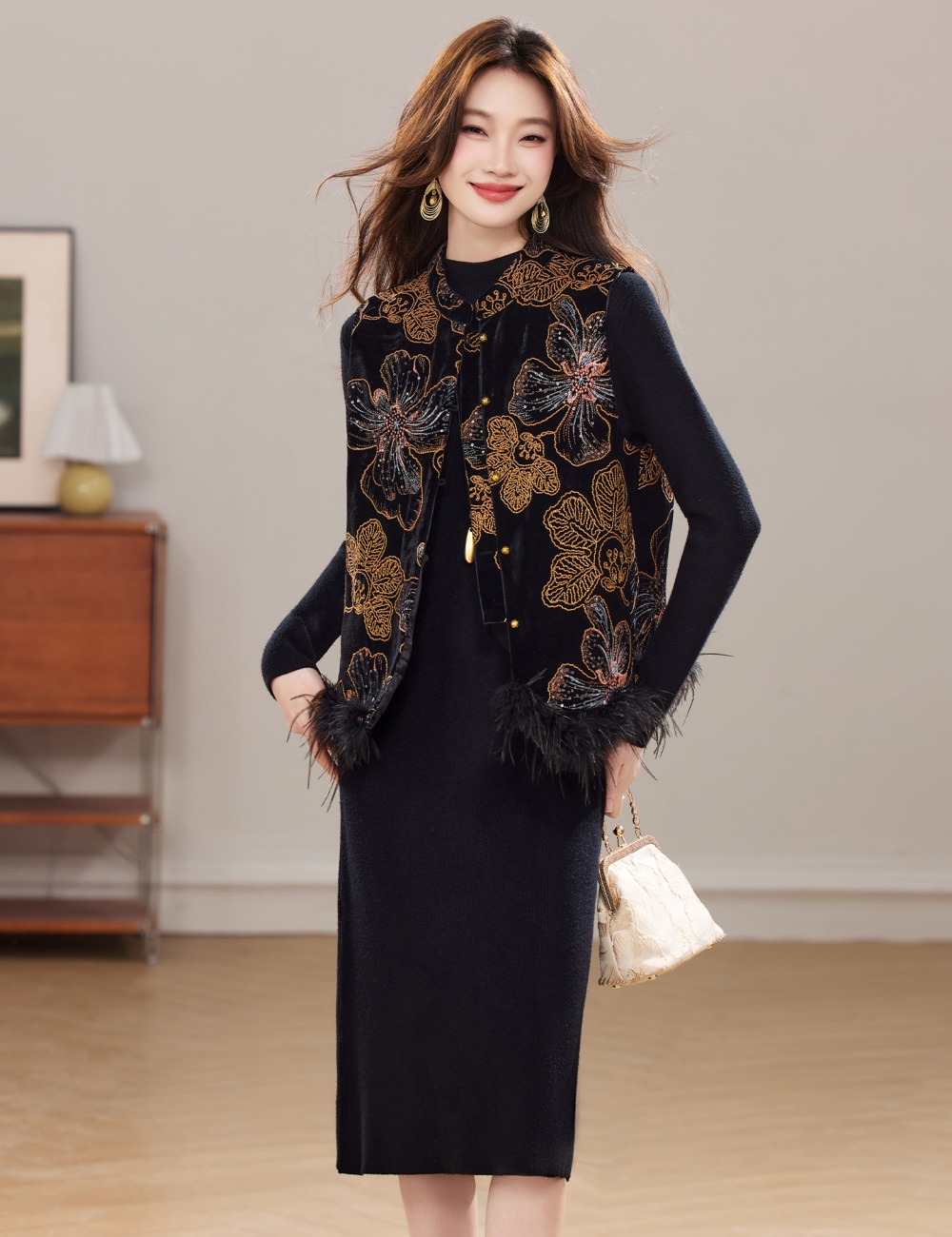 Plus cotton waistcoat winter dress 2pcs set for women