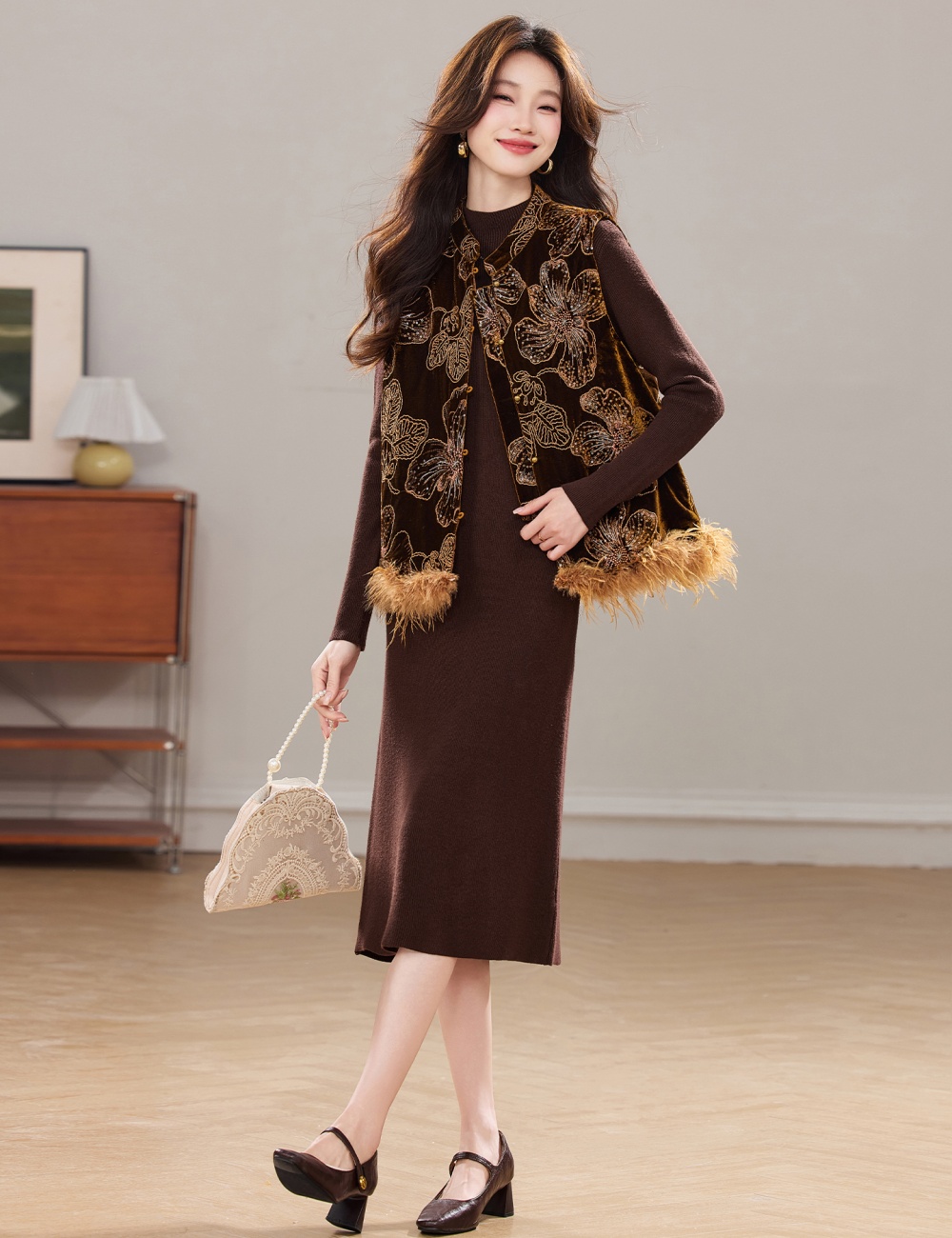 Plus cotton waistcoat winter dress 2pcs set for women