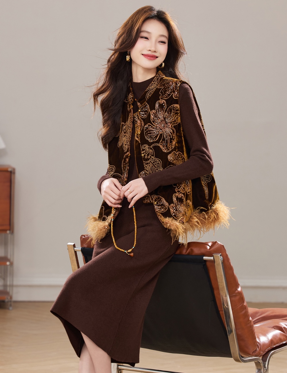 Plus cotton waistcoat winter dress 2pcs set for women