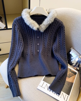 Short slim thick pullover fur collar big red sweater