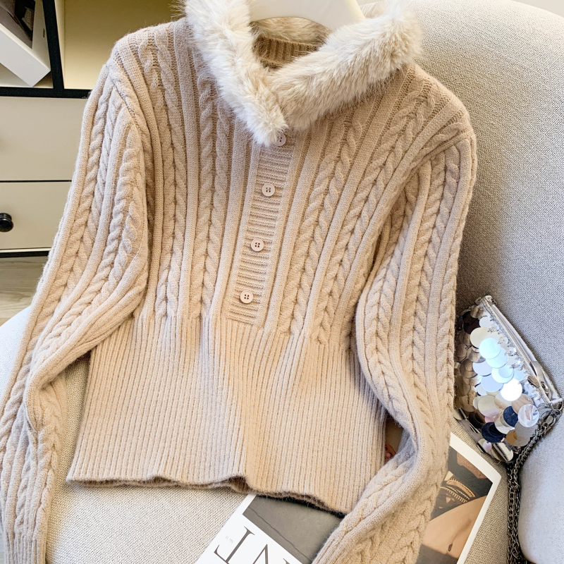 Short slim thick pullover fur collar big red sweater