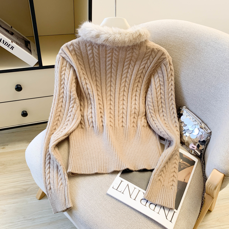 Short slim thick pullover fur collar big red sweater