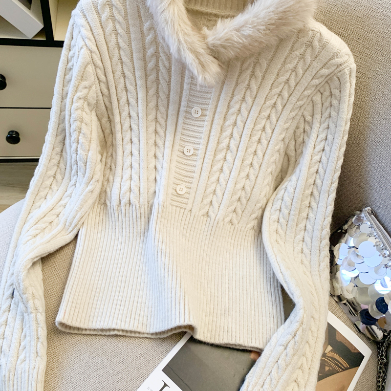 Short slim thick pullover fur collar big red sweater