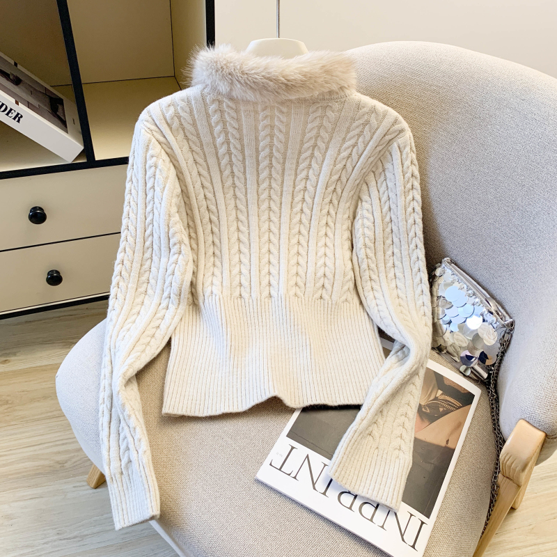 Short slim thick pullover fur collar big red sweater