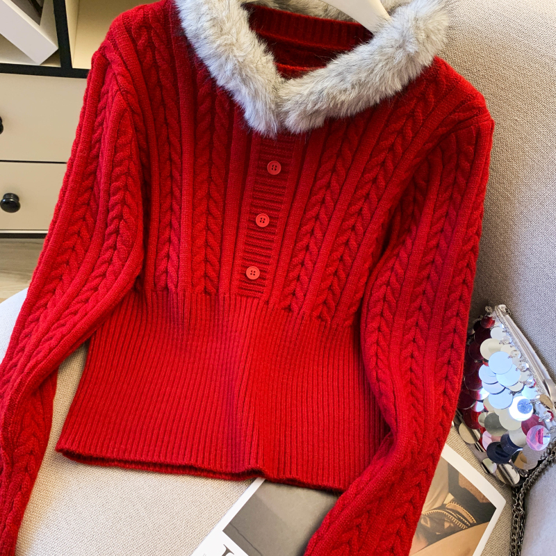 Short slim thick pullover fur collar big red sweater
