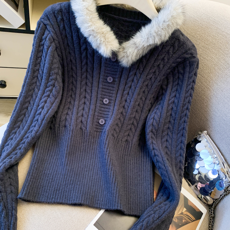 Short slim thick pullover fur collar big red sweater