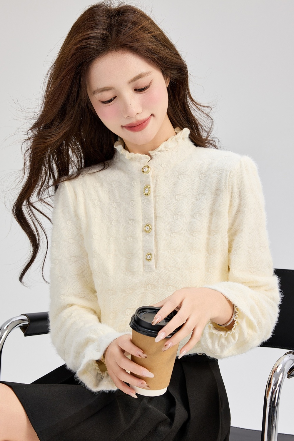 Cstand collar thick tops plus velvet temperament shirt