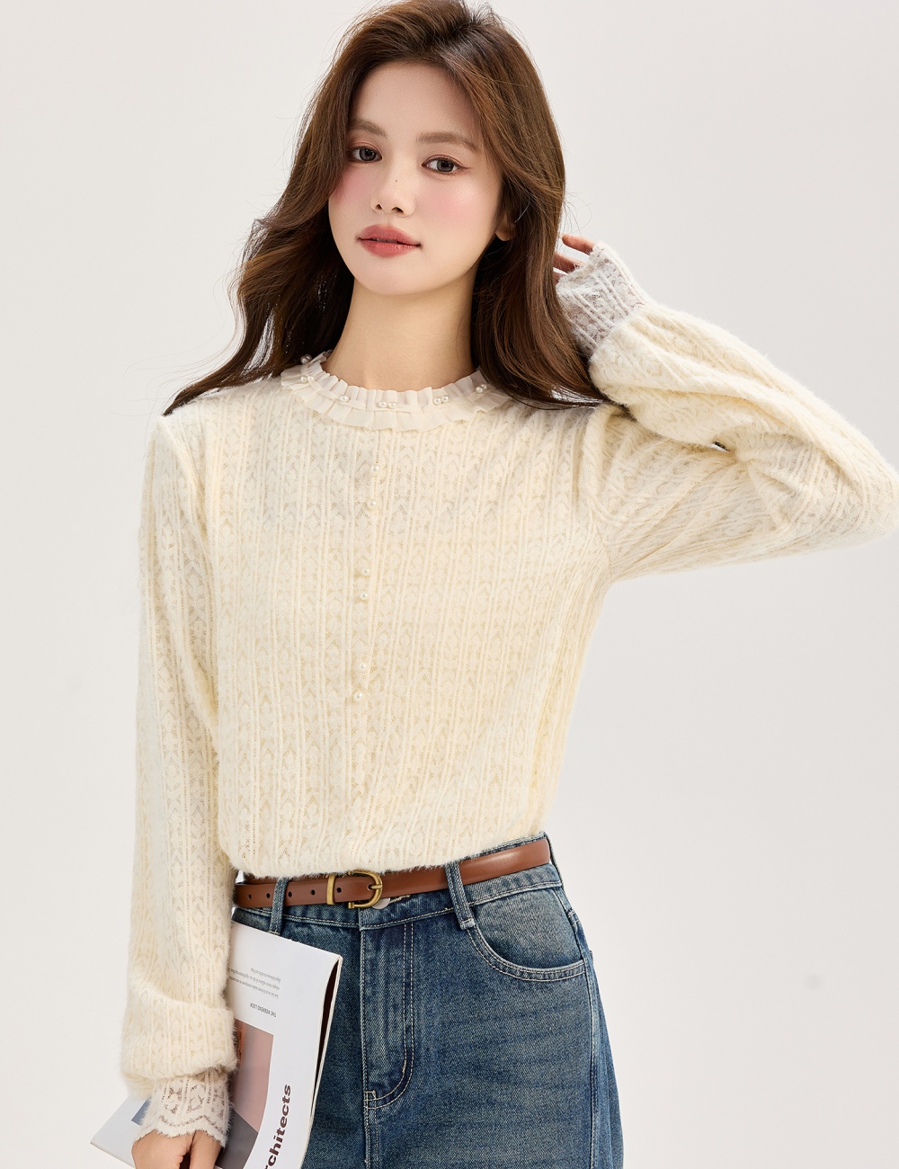 France style all-match tops lace shirt for women