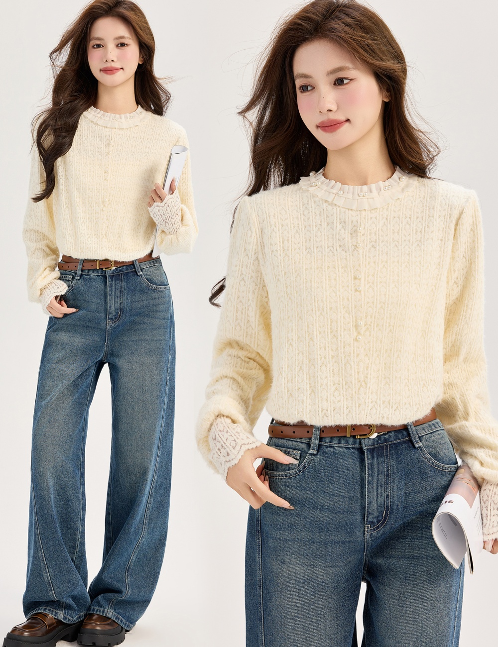 France style all-match tops lace shirt for women