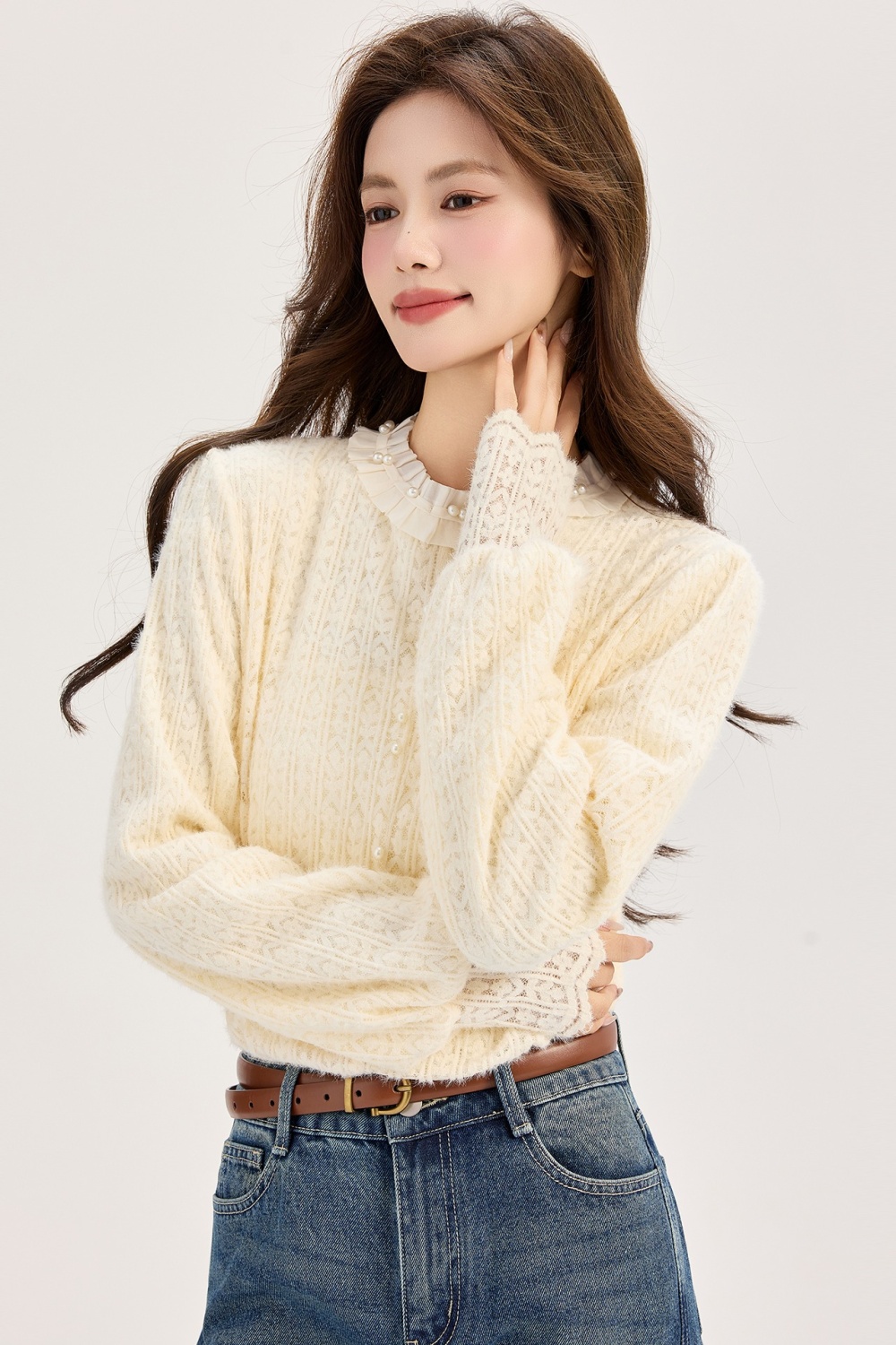 France style all-match tops lace shirt for women