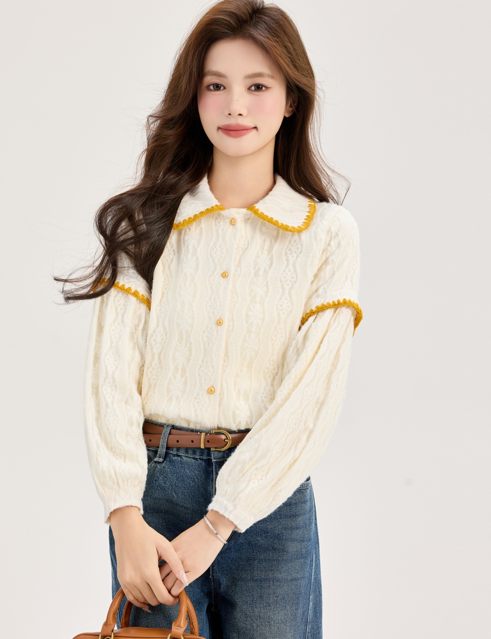 Lantern sleeve plus velvet small shirt show young loose tops