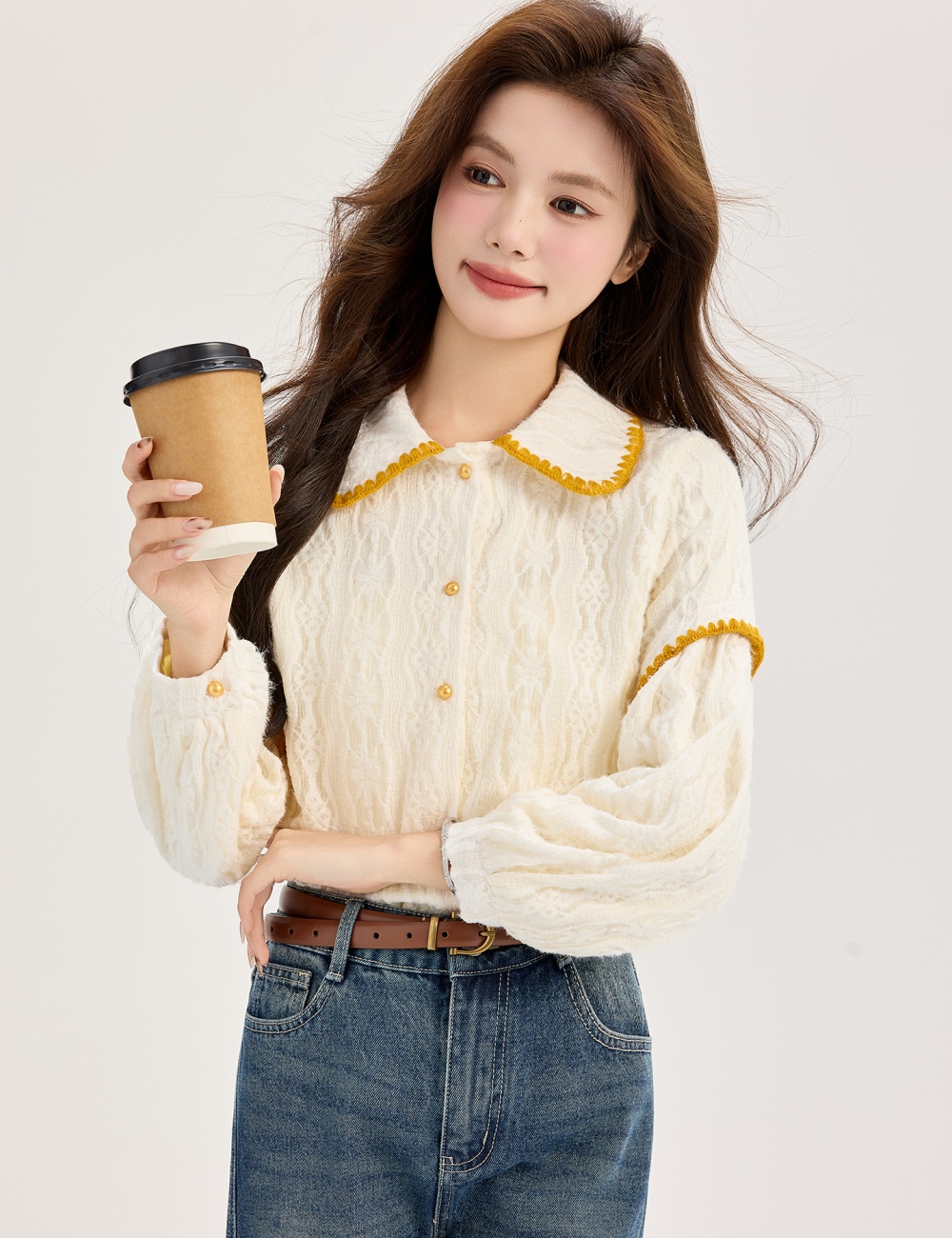 Lantern sleeve plus velvet small shirt show young loose tops