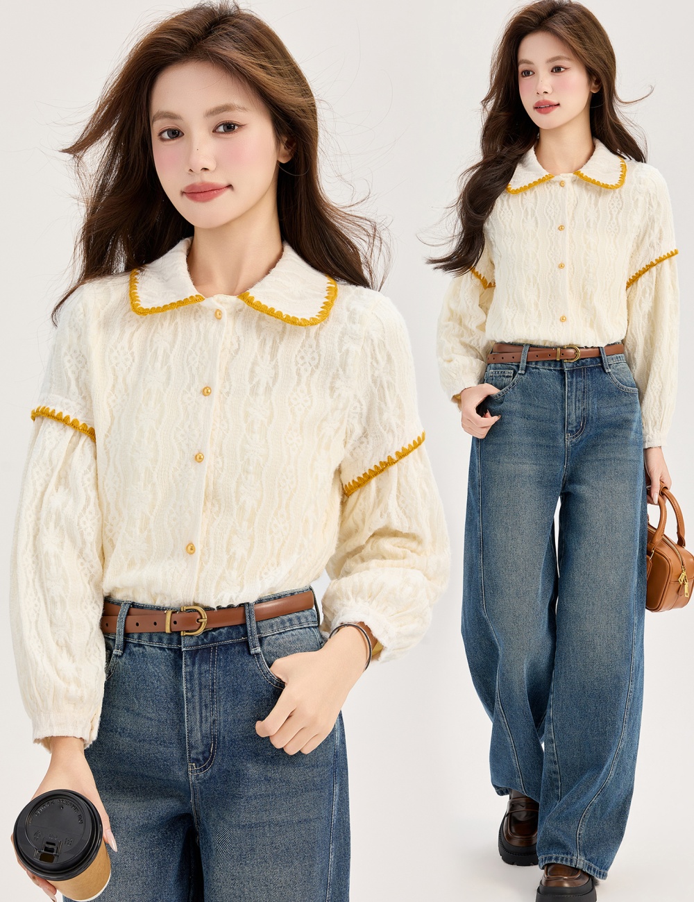 Lantern sleeve plus velvet small shirt show young loose tops