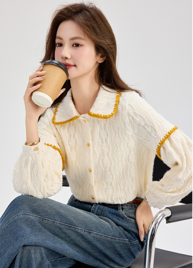 Lantern sleeve plus velvet small shirt show young loose tops