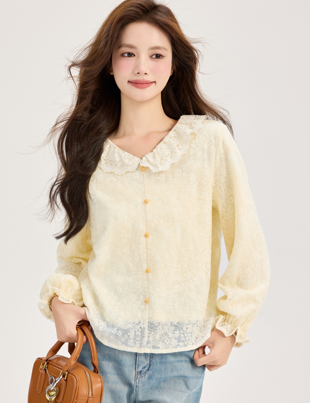 Jacquard apricot shirt long sleeve bottoming shirt for women