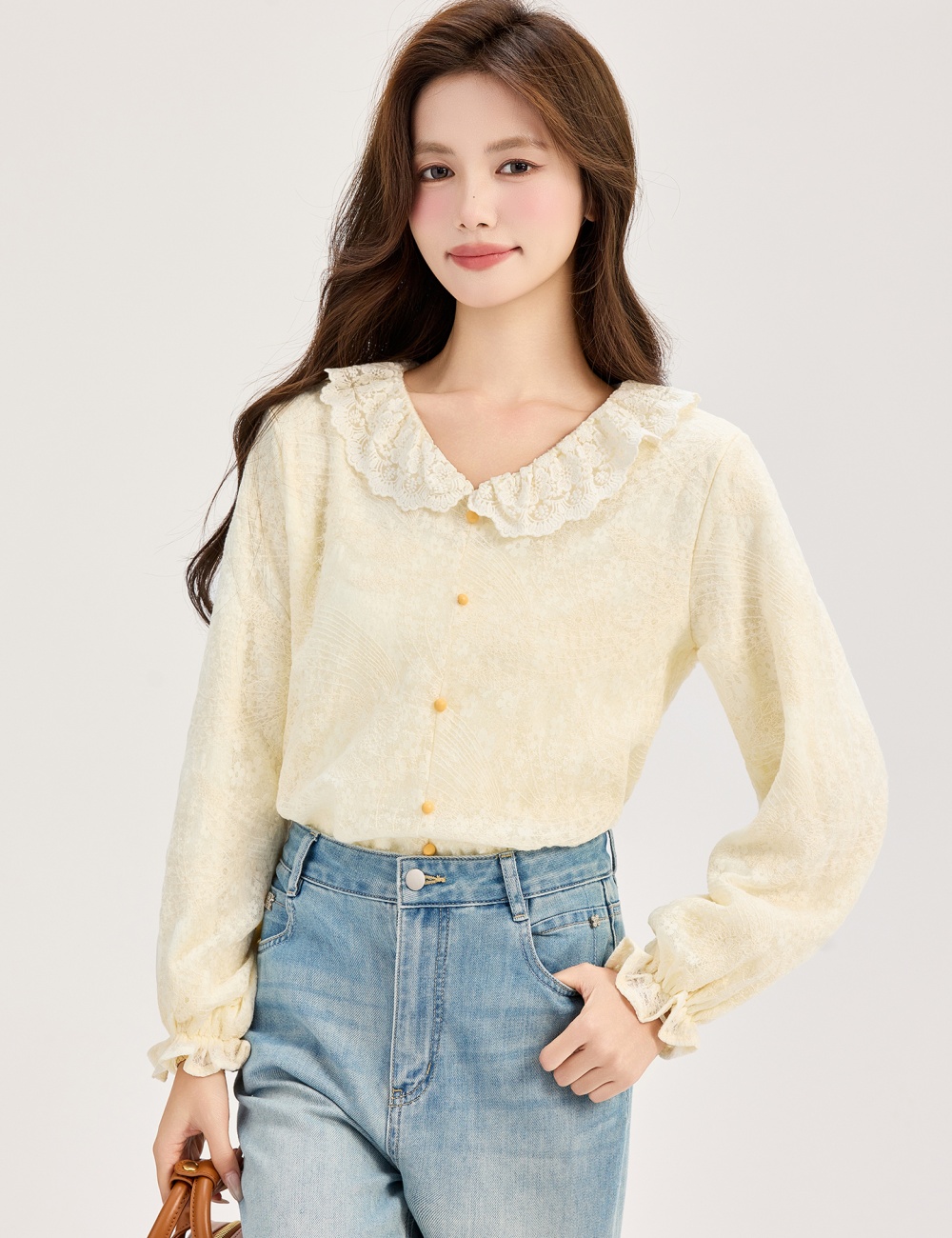 Jacquard apricot shirt long sleeve bottoming shirt for women