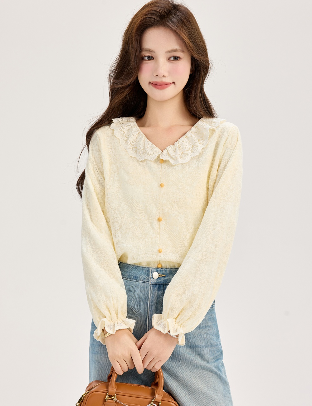 Jacquard apricot shirt long sleeve bottoming shirt for women