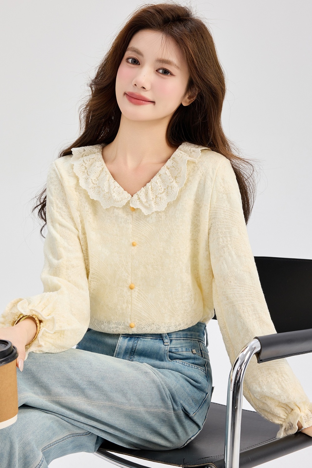 Jacquard apricot shirt long sleeve bottoming shirt for women