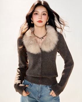 Fur collar autumn and winter cardigan slim coat